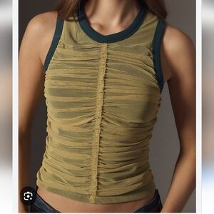 Anthropologie Olive Green Ruched Mesh Tank with Dark Green Trim
